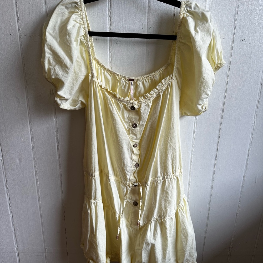 Yellow Button-Down Dress with Puff Sleeves free people